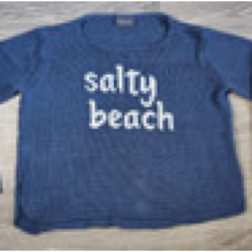 Wooden Ships Navy Knit Sweater with Cream "salty beach" Text - Picture 3 of 3